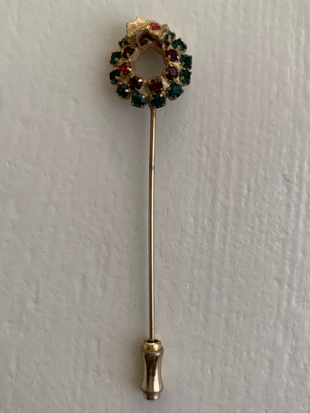 Gold-Tone Holiday Wreath Stick Pin with Red and Green Stones